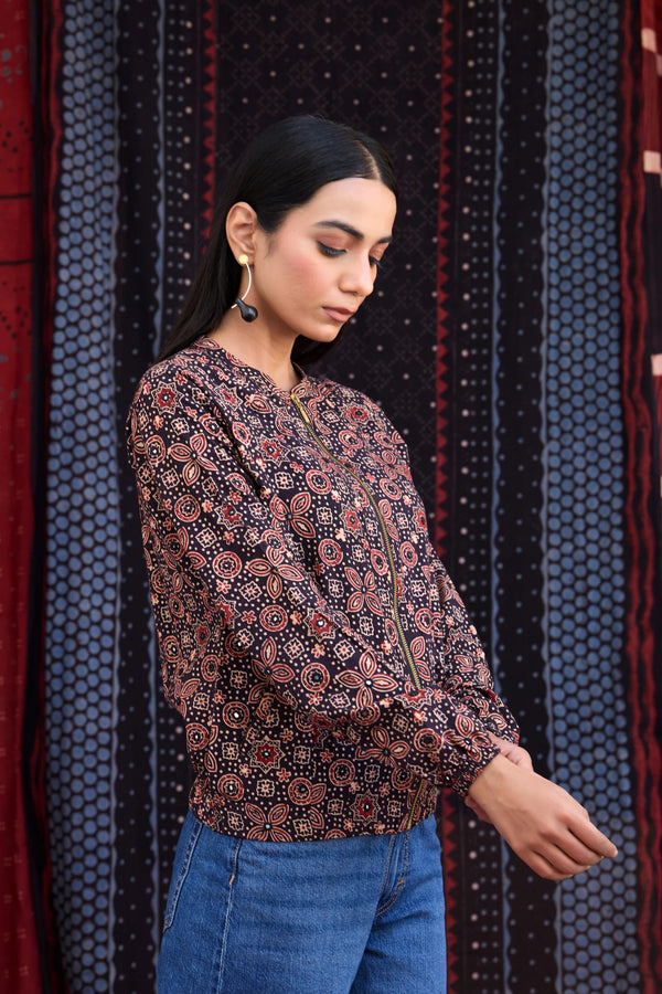 Okhai 'Raisin' Pure Cotton Ajrakh Handblock Printed Bomber Jacket