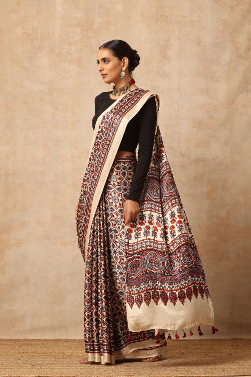 Tenaaro Ajrakh Hand Block Printed  Modal Sik Saree  (Offwhite-17)