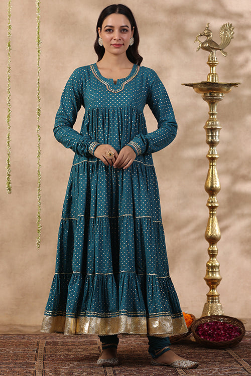 Shuddhi Teal Green Tier Kurta With Chuddidar And Duppatta