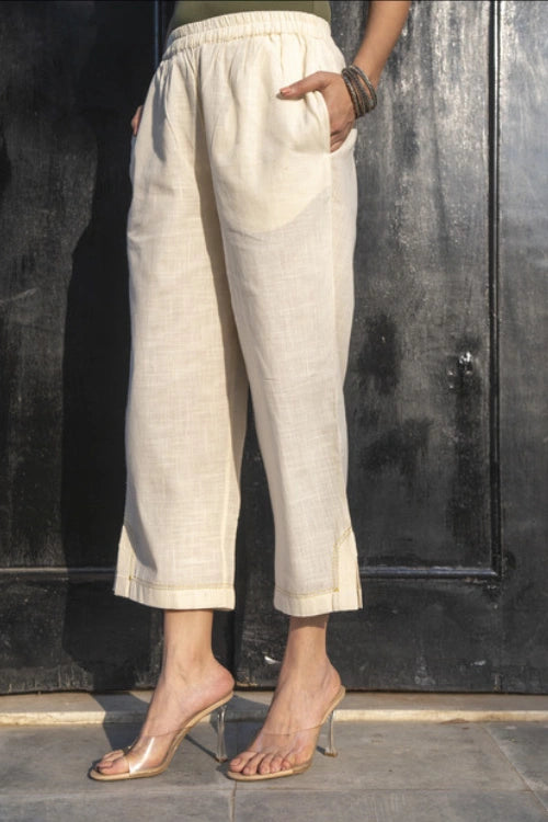 Rangsutra Suhani White Straight-Fit Cotton Pant With Kantha Hand Embroidery