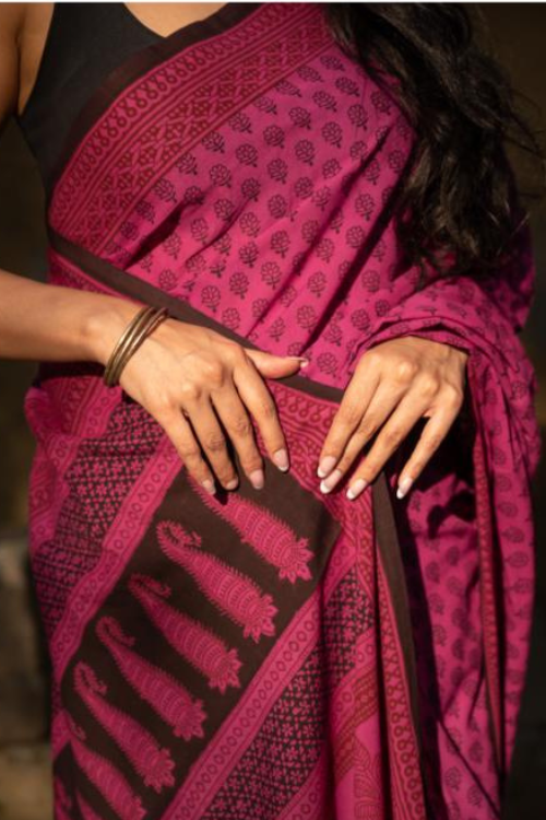 Exclusive Bagh Hand Block Printed Cotton Saree - Flora