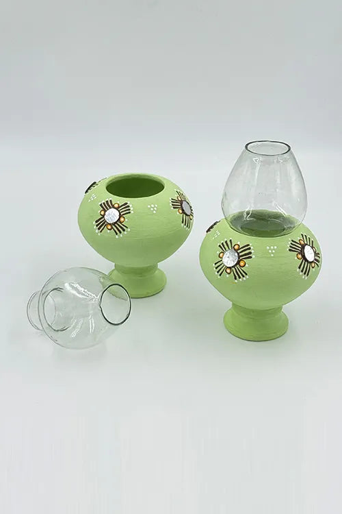 Antarang- Traditional Oil Lamps- Akhand Diyas- Green(Set Of 2)