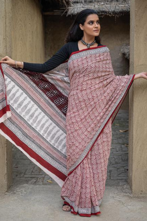 Exclusive Bagh Hand Block Printed Cotton Saree - Red Floral