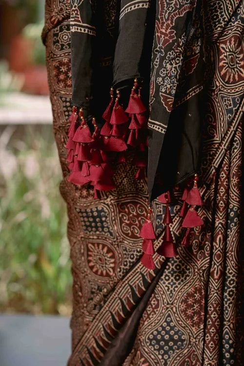 Craftroots Ajrakh Saree With Badla Work With Tassels