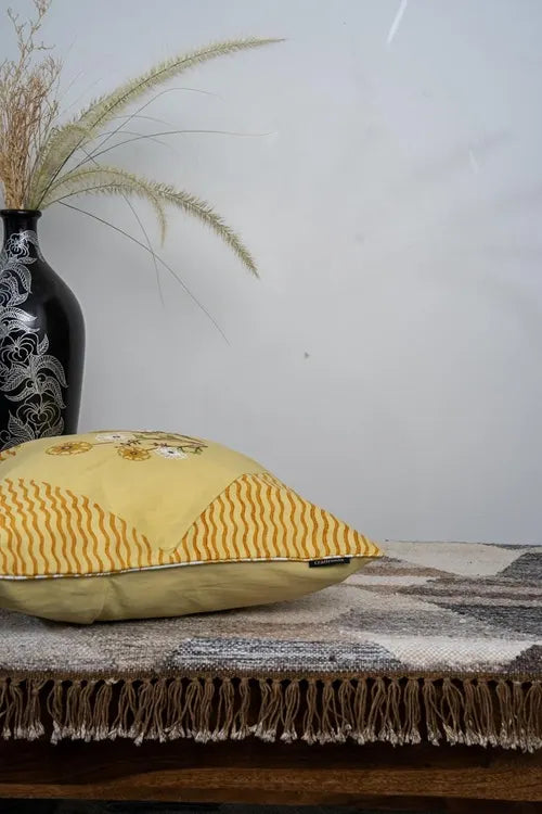 Craftroots  Yellow Aari Hand-Embroidered Floral Cushion Cover Set Of 2