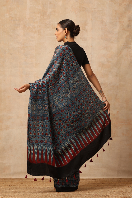 Tenaaro Ajrakh Hand Block Printed  Modal Sik Saree (Indigo Blue-13)