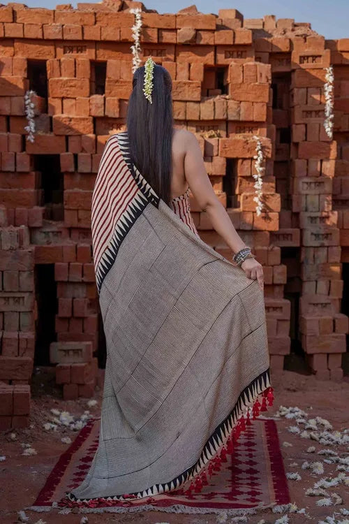 Craftroots Modal Saree With Block Print and Tassels
