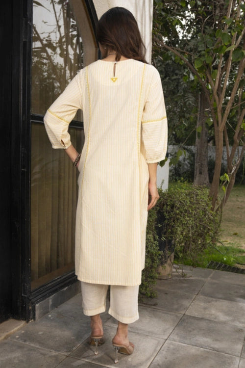 Rangsutra Suhani Cream Striped Cotton Kurta With Soof Hand Embroidery