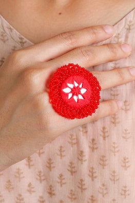 Antarang- Red Bead Jumki Ring,  100% Cotton. Valentine Special. Hand Made By Divyang Rural Women.