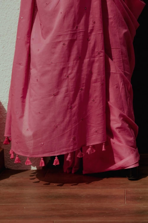 Okhai 'Blush' Hand Embroidered Mirror Work Cotton Mul Saree
