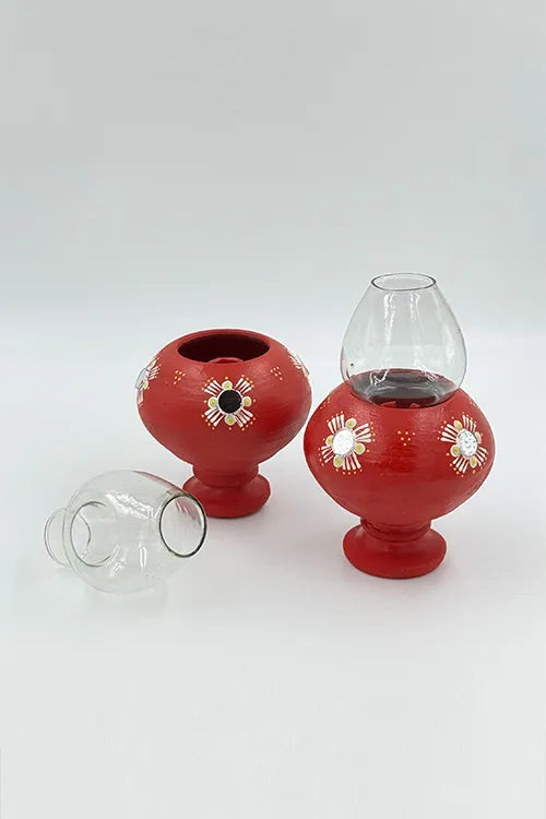 Antarang- Traditional Oil Lamps- Akhand Diyas- Red(Set Of 2)