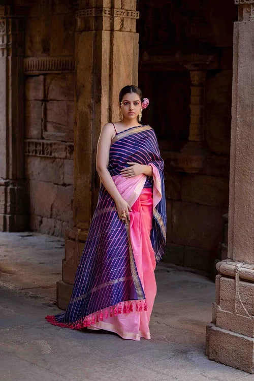 Craftroots Laheriya Chanderi Purple Saree With Tassels