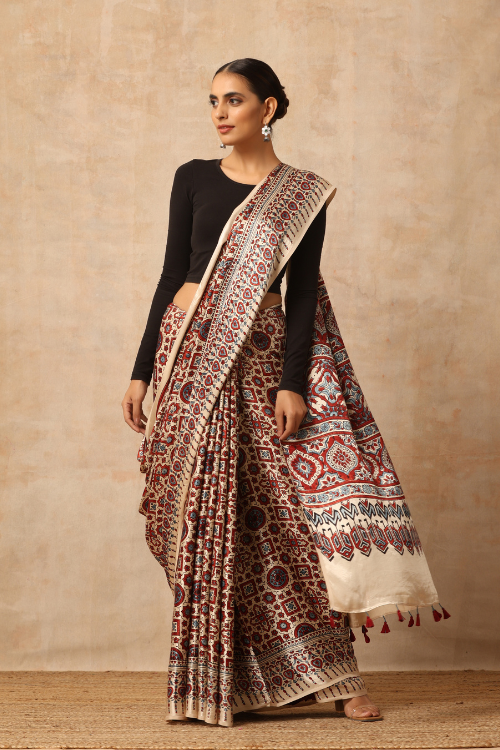 Tenaaro Ajrakh Hand Block Printed  Modal Sik Saree  (Offwhite-18)