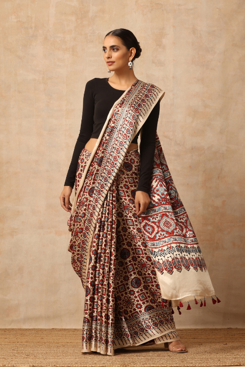 Tenaaro Ajrakh Hand Block Printed Modal Sik Saree  (Offwhite-18)