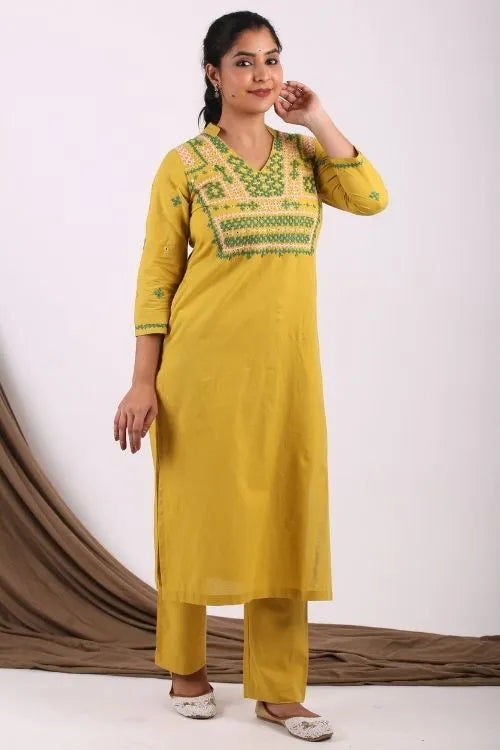 Urmul Sindhi Embroidery SAMU Lime Green Kurta - Pant Set