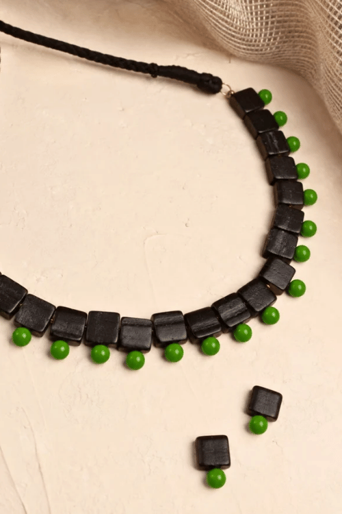 Mridah Green And Black 'Taal' Handmade Black Terracotta Choker Necklace Set
