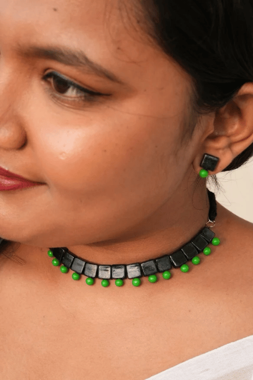 Mridah Green And Black 'Taal' Handmade Black Terracotta Choker Necklace Set