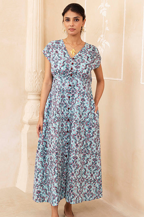Shuddhi Hand Block printed Cotton Blue Dress