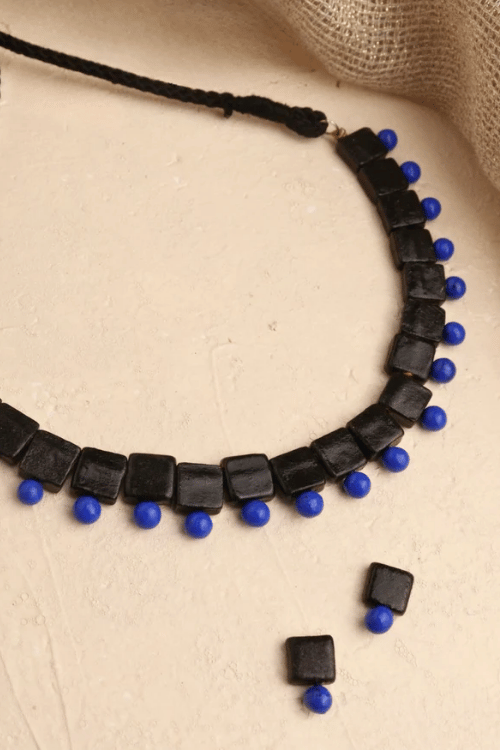 Mridah Blue And Black 'Taal' Handmade Black Terracotta Choker Necklace Set