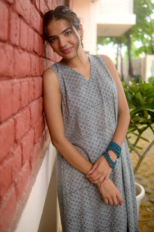 Dharan Hand Block Print "Grey Jhalar Dress"
