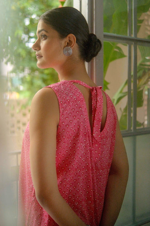 Dharan Hand Block Print "Pink Jhalar Dress"