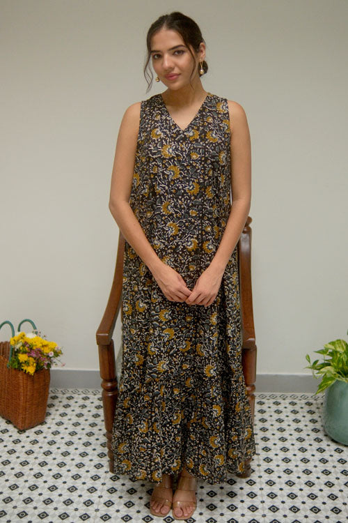 Dharan Hand Block Print "Black Jhalar Dress"