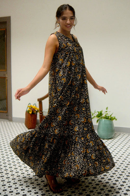 Dharan Hand Block Print "Black Jhalar Dress"
