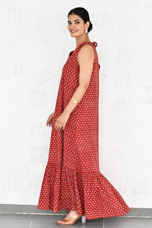 Dharan Hand Block Print "Red Jhalar Dress"