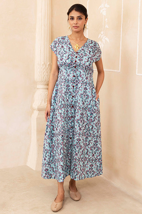 Shuddhi Hand Block printed Cotton Blue Dress