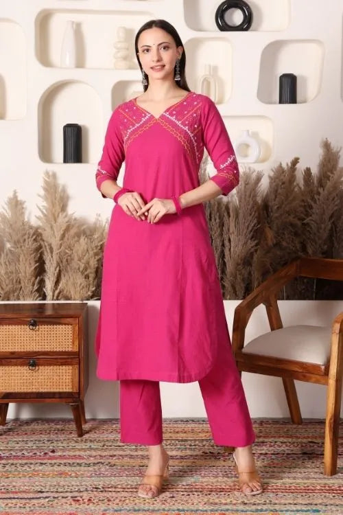 Urmul Sindhi Embroidery SANTOSH Pink Kurta - Pant Set