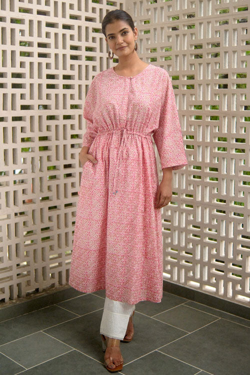 Dharan Hand Block Print "Pink Miko Kaftan"