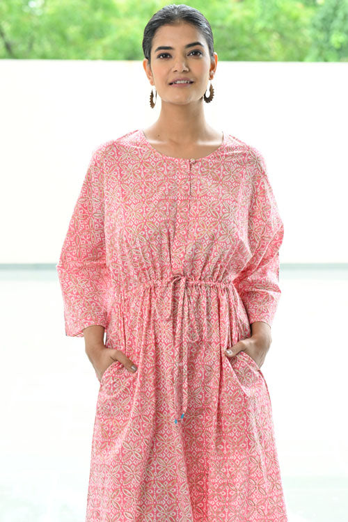 Dharan Hand Block Print "Pink Miko Kaftan"