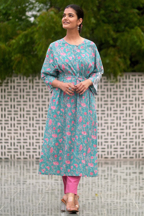 Dharan Hand Block Print "Blue Miko Kaftan"