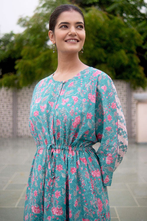 Dharan Hand Block Print "Blue Miko Kaftan"