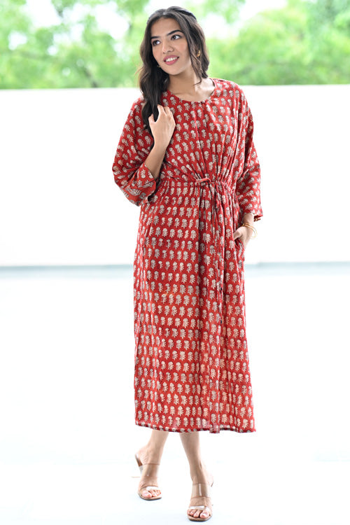 Dharan Hand Block Print "Red Miko Kaftan"