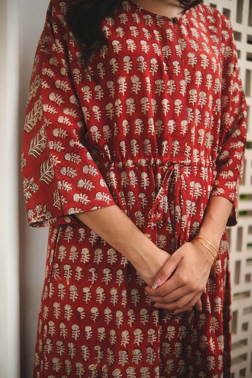 Dharan Hand Block Print "Red Miko Kaftan"