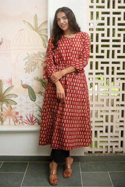Dharan Hand Block Print "Red Miko Kaftan"