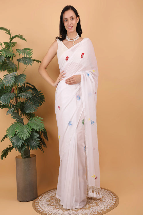 Shwet Women White Hand Embroidered Chikankari  Mulmul Saree