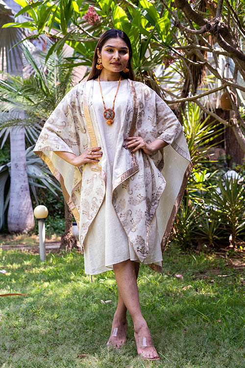 Moralfibre Golden Peacock Muslin Shrug With Old Gold Borders