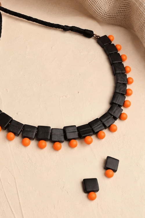 Mridah Orange And Black 'Taal' Handmade Black Terracotta Choker Necklace Set