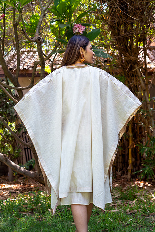 Moralfibre Golden Peacock Muslin Shrug With Old Gold Borders