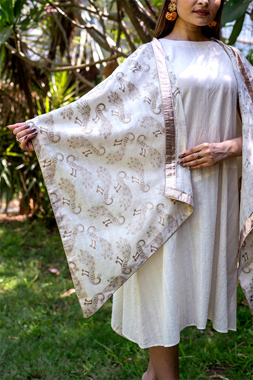 Moralfibre Golden Peacock Muslin Shrug With Old Gold Borders