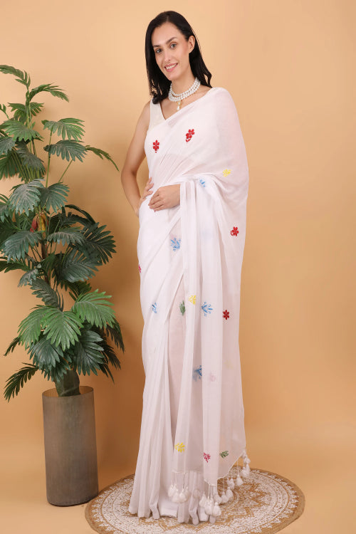 Shwet Women White Hand Embroidered Chikankari  Mulmul Saree