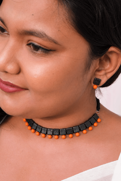 Mridah Orange And Black 'Taal' Handmade Black Terracotta Choker Necklace Set