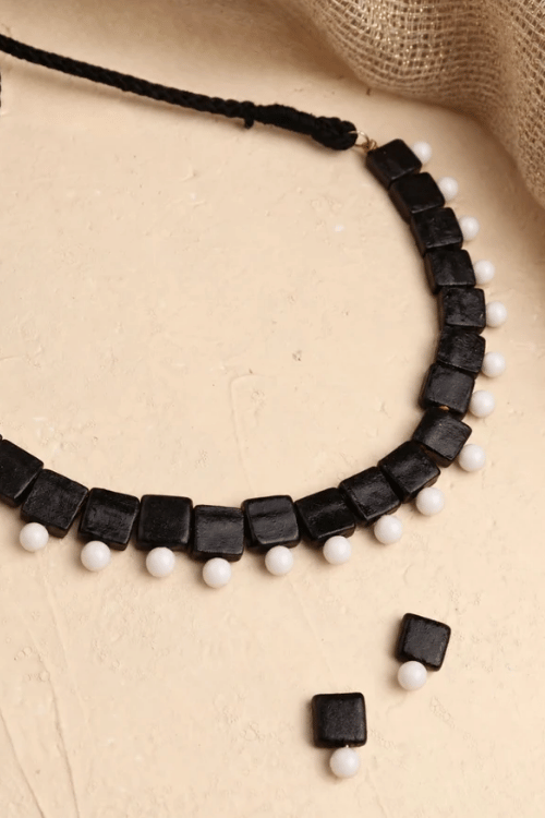 Mridah White And Black 'Taal' Handmade Black Terracotta Choker Necklace Set