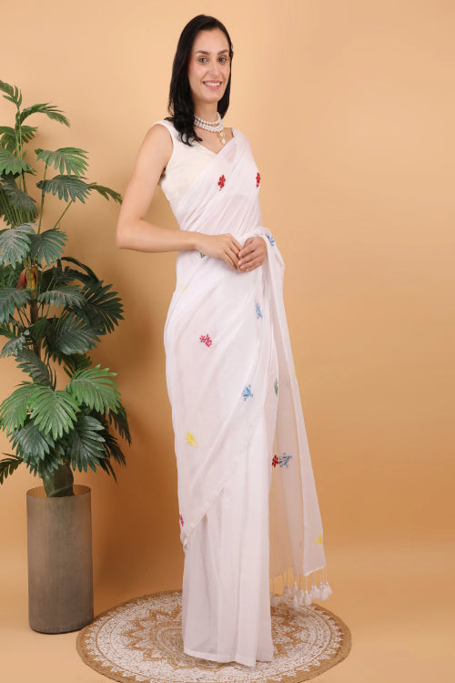 Shwet Women White Hand Embroidered Chikankari  Mulmul Saree