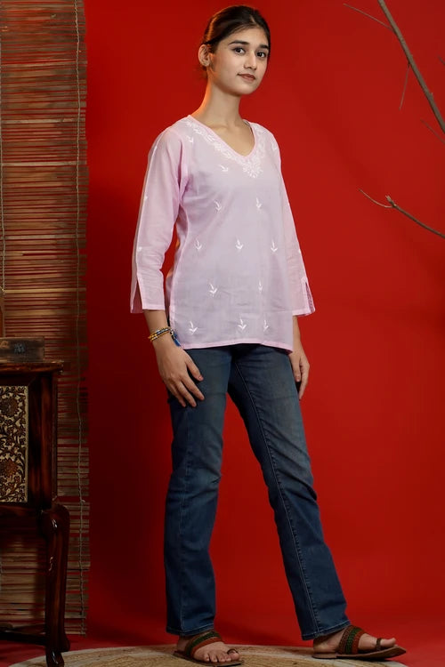 Shwet Women Hand Embroidered "Pastel Poise" Pink Mulmul Short Top