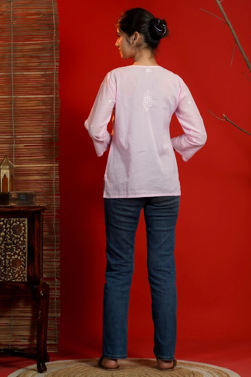 Shwet Women Hand Embroidered "Pastel Poise" Pink Mulmul Short Top