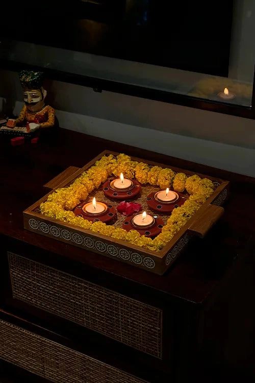 Antarang: Terracotta- Handpainted - Set Of Terracotta Disc Diyas & Long Diya