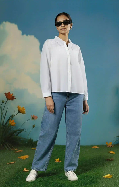 Okhai 'White Harmony' Pure Cotton Applique Work Hand Embroidered Mirror Work Shirt